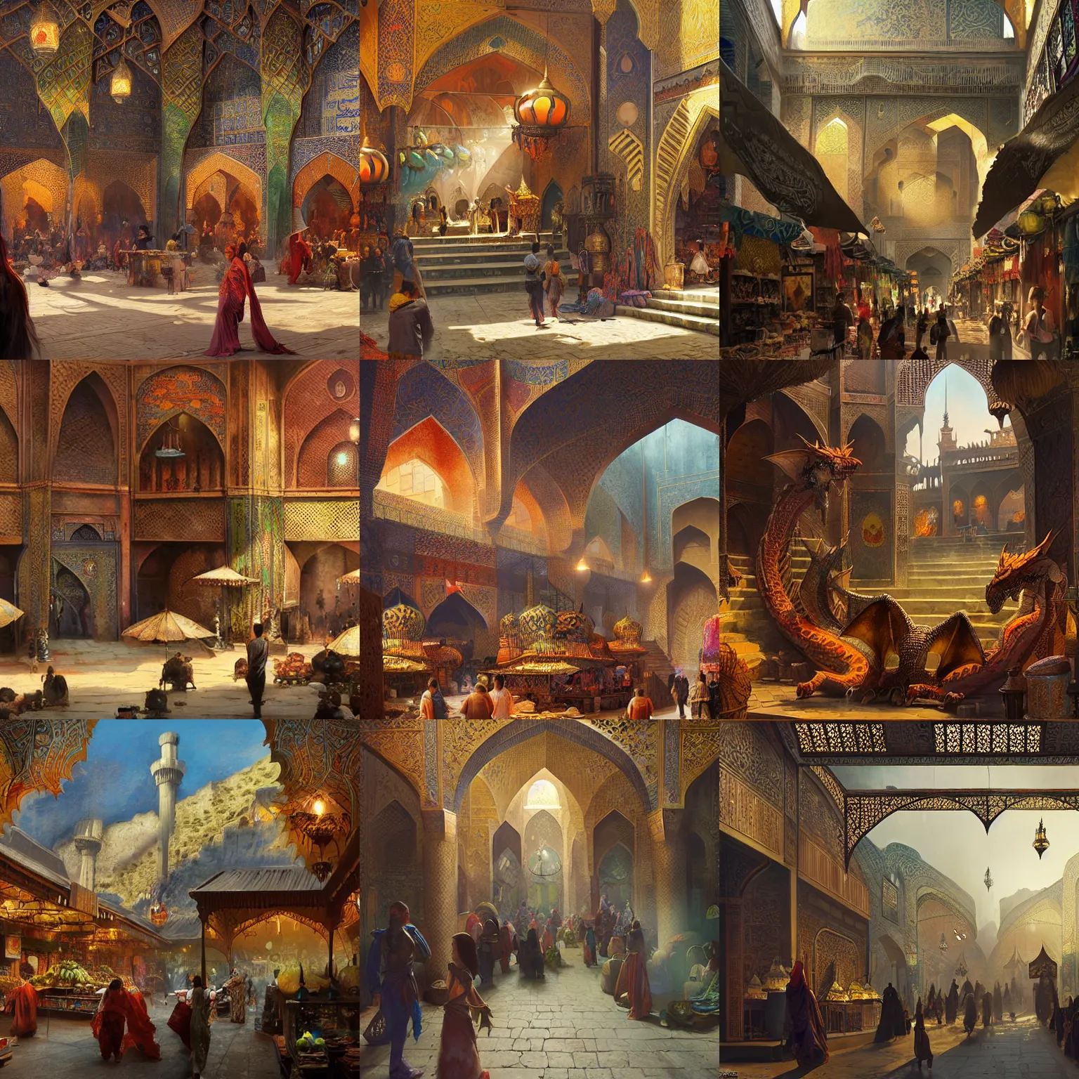 Prompt: a concept art matte painting in the style of orientalism of dragons on display in a dragon auction in the grand bazaar of isfahan by greg rutkowski and edwin lord weeks