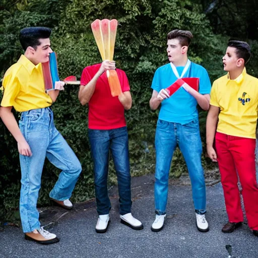 Image similar to three male teens wearing rockabilly outfits and eating yellow popsicles while looking around painting 8 k