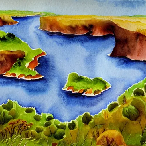 Prompt: detailed watercolor of a lush natural scene on an alien planet by stephen quiller. beautiful landscape. weird colourful vegetation. cliffs and water.