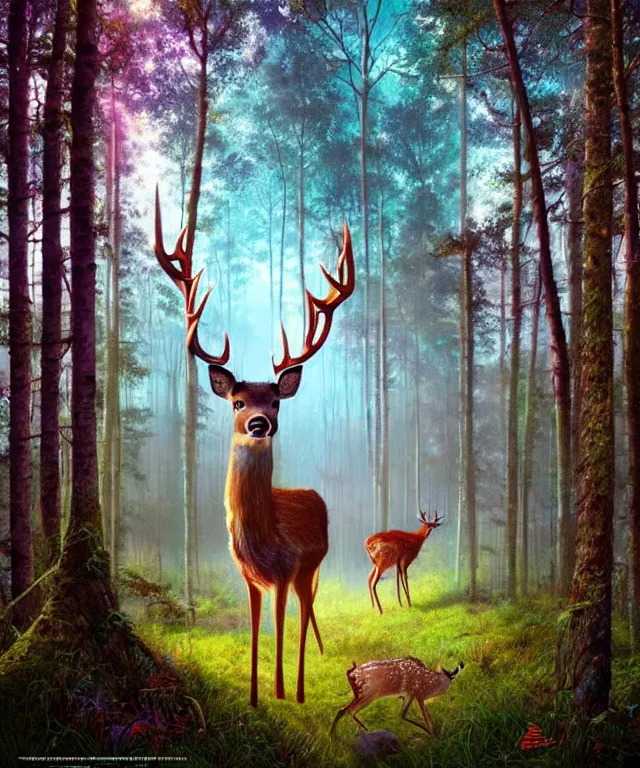 Image similar to a single realistic deer, walking through a psychedelic forest, wide angle landscape shot, pixar style by tristan eaton, artgerm and tom bagshaw