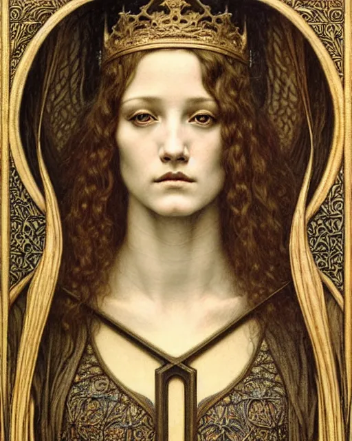 Image similar to detailed realistic beautiful young medieval queen face portrait by jean delville, gustave dore and marco mazzoni, art nouveau, symbolist, visionary, gothic, pre - raphaelite. horizontal symmetry