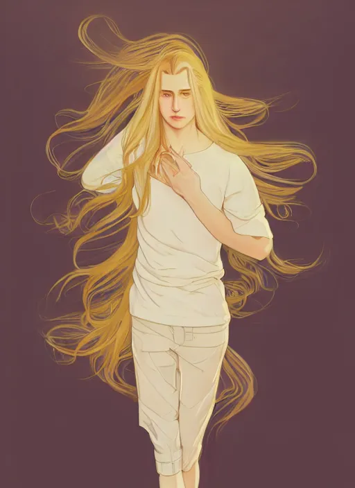 Image similar to pretty young man with shoulder length shiny shimmering golden blond hair, half body shot, path traced, highly detailed, high quality, digital painting, by studio ghibli and alphonse mucha, leesha hannigan, hidari, disney