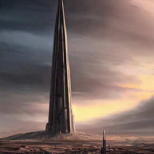 Image similar to a beautiful painting of a tall black spire jutting out of a post apocalyptic wasteland by jonathan bentley and Benjamin Sjoberg, scifi concept art, dystopian, desolate desert.