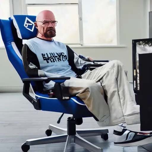 Prompt: realistic gamer walter white in real life on a gaming chair playing fortnite on his pc