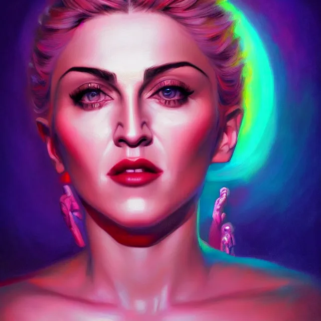 Prompt: portrait of madonna by mandy jurgens, cartoon, oil painting, visionary art, magic symbols, holy halo, neon ambient lighting, high detail, vibrant colors