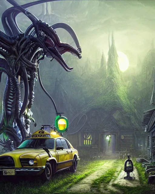 Image similar to xenomorph taxi car in a fantasy village, calming, uplifting mood, ultra realistic, farm, small buildings, highly detailed, atmosphere, masterpiece, epic lighting, elves, green plants, magic, illuminated, 4 k, cinematic, morning sun, art by eddie mendoza and sylvain sarrailh and jonathan berube