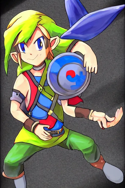 Image similar to an in game portrait of link as a pokemon trainer from pokemon arceus, pokemon arceus art style.