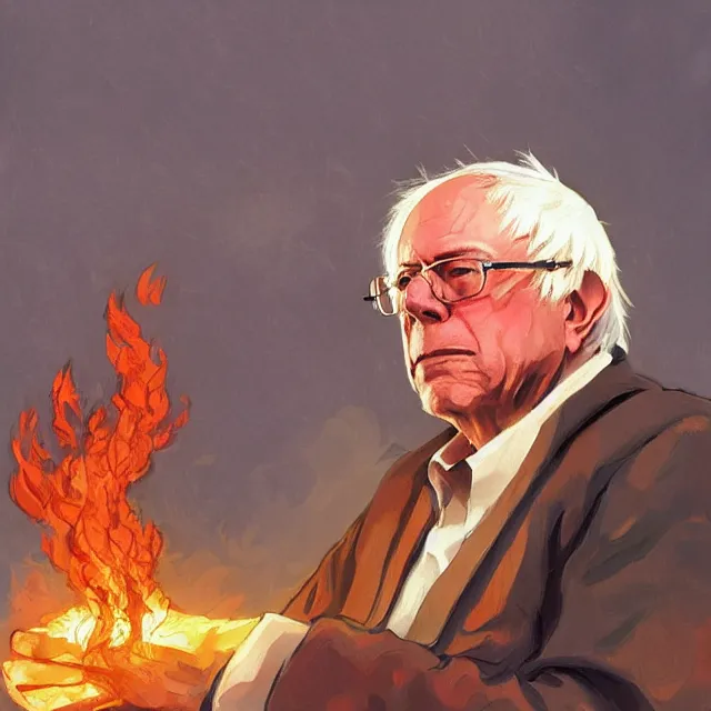 Prompt: Bernie Sanders as a firebender, portrait, elegant, intricate, digital painting, artstation, concept art, smooth, sharp focus, illustration, art by konstantin korovin and Daniel F. Gerhartz and john howe