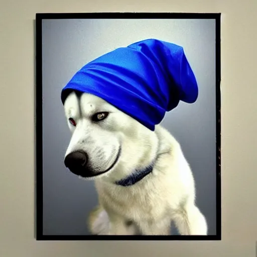 Image similar to girl with a pearl earring but as a siberian husky dog, ultra realistic, very detailed