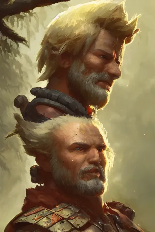 Image similar to dungeons and dragons warrior chief character closeup portrait, dramatic light, forest background, 2 0 0 mm focal length, painted by stanley lau, painted by greg rutkowski, painted by stanley artgerm, digital art, trending on artstation