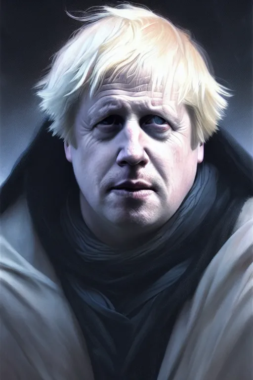 Image similar to Boris Johnson as Jedi, realistic portrait, symmetrical, highly detailed, digital painting, artstation, concept art, smooth, sharp focus, illustration, cinematic lighting, art by artgerm and greg rutkowski and alphonse mucha