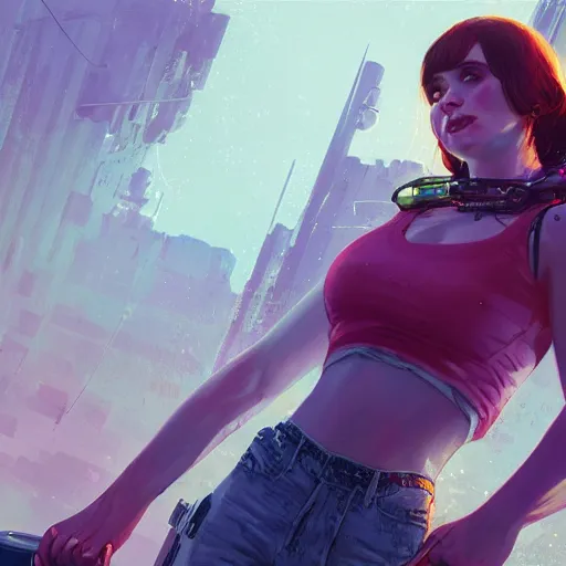 Image similar to highly detailed upper body portrait christina hendricks wearing plastic crop top cyberpunk in gta v, stephen bliss, unreal engine, fantasy art by greg rutkowski, loish, rhads, ferdinand knab, makoto shinkai and lois van baarle, ilya kuvshinov, rossdraws, tom bagshaw, global illumination, radiant light, detailed and intricate environment