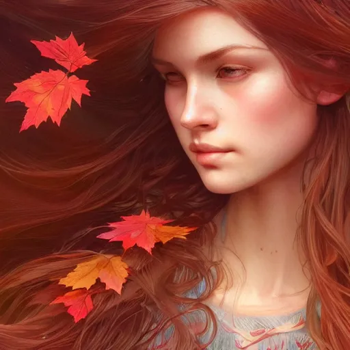Prompt: girl with super long hair, hair becoming autumn red leaves, intricate, highly detailed, digital painting, artstation, concept art, smooth, sharp focus, illustration, unreal engine 5, 8 k, art by artgerm and greg rutkowski and alphonse mucha