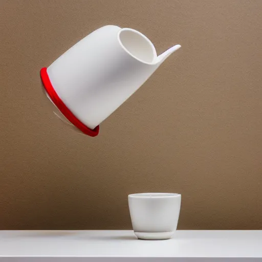 Image similar to an ultra high definition professional studio photograph, 5 0 mm f 1. 4 iso 1 0 0. the photo is set in a plain white room with a plain white plinth centrally located. the photo depicts an object on the plinth. the object is a cup. the cup is red.