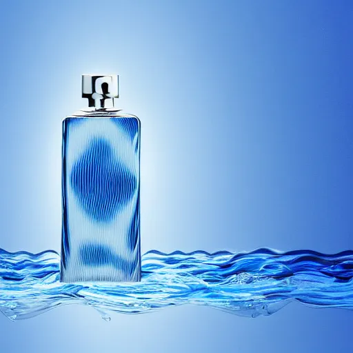 Prompt: perfume bottle surrounded cool blue ripples in water