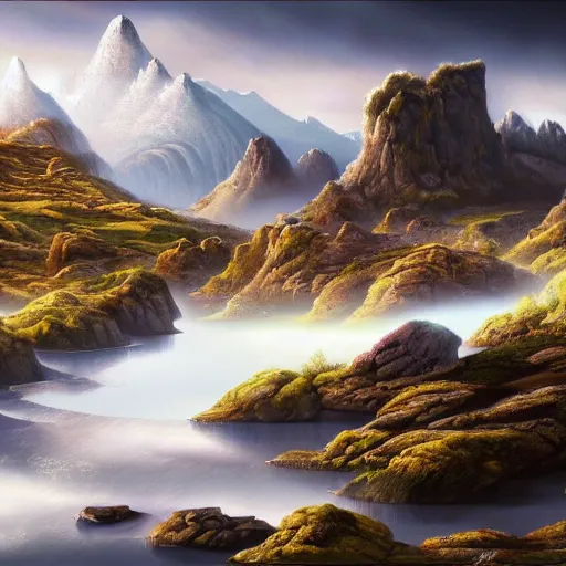 Image similar to The stone landscape with mountains in the background, Sci-Fi fantasy wallpaper, painted, 4k, high detail, sharp focus