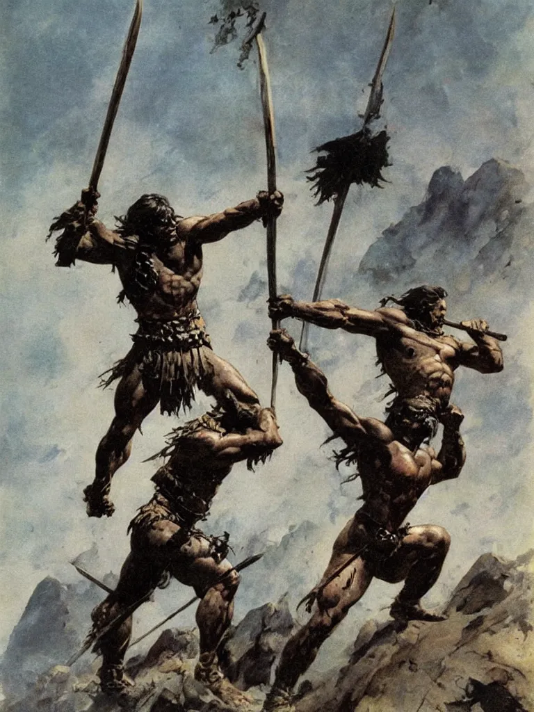 Image similar to a single barbarian warrior raising a spear by frank frazetta