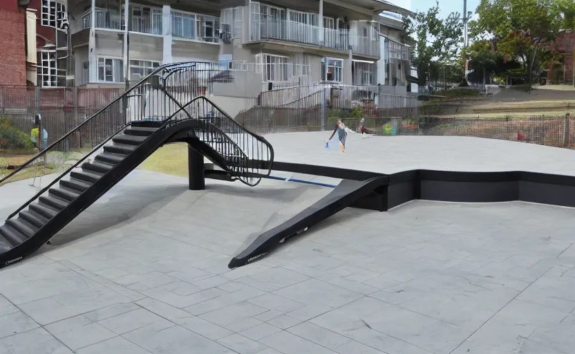 Image similar to skateboard ramp, stairs, handrail, plaza