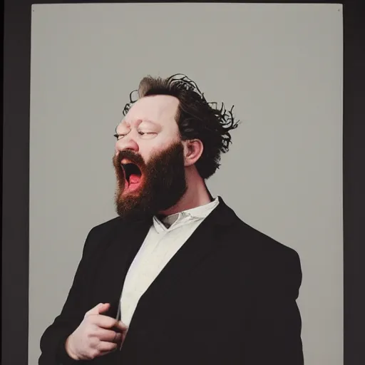 Prompt: Singing Thoooom Yooooorke, with a beard and a black jacket, a portrait by John E. Berninger, dribble, neo-expressionism, uhd image, studio portrait, 1990s