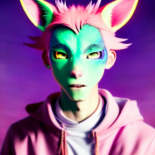 Image similar to a beautiful portrait of a handsome anime male boy with pink hair and pink wolf ears and green eyes wearing cyberpunk clothes. character design by cory loftis, fenghua zhong, ryohei hase, ismail inceoglu and ruan jia. artstation, volumetric light, detailed, photorealistic, fantasy, rendered in octane