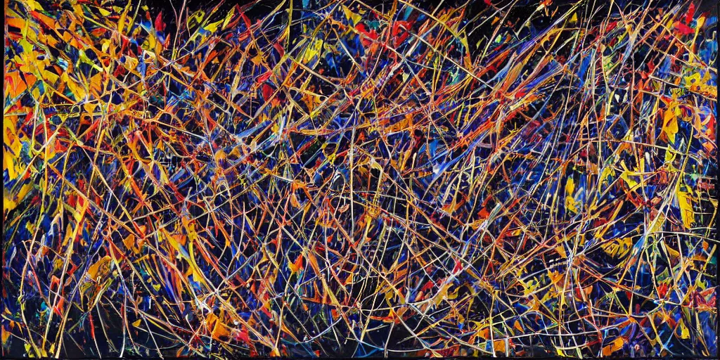 Image similar to an ultra detailed oil painting where the strings section of a symphony is interpreted by applied paint strokes, hyper - detailed, structured, grid, sheet music, pops of triadic colors, jackson pollock, pierre soulages