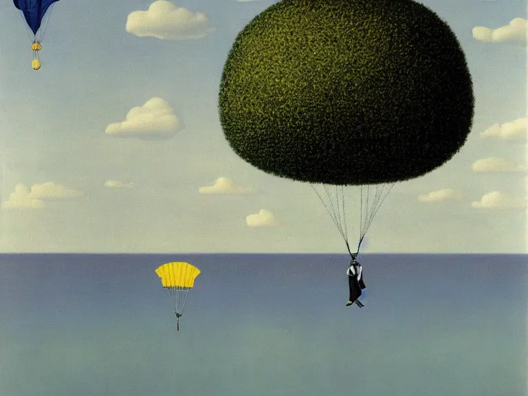 Image similar to man parachuting on a small island in the middle of a big lake painting by rene magritte, high detail, high resolution