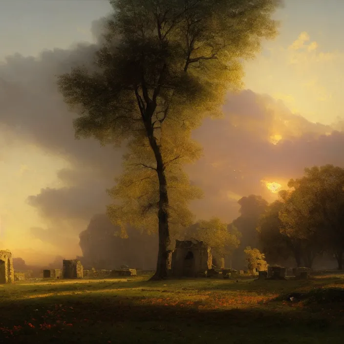 Prompt: a beautiful painting of ruins on the meadow, in autumn, sunset by ivan aivazovsky and greg rutkowski and rhads, in style of digital art. hyper detailed, sharp focus, soft light. octane render. ray tracing. trending on artstation