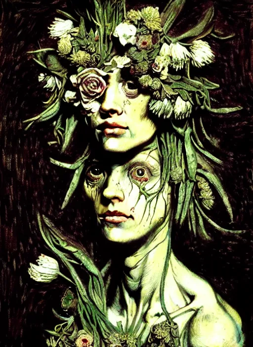 Image similar to beautiful and detailed rotten woman made of plants and many different types of flowers, muscles, intricate, organs, ornate, surreal, john constable, guy denning, dan hillier, manera, van gogh, caravaggio