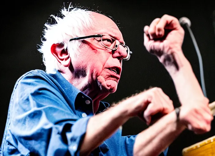 Image similar to publicity photo still of bernie sanders in a punk band playing live on stage, 8 k, live concert lighting, mid shot