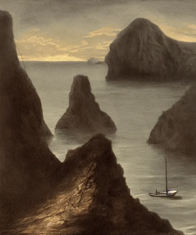 Prompt: photorealistic sepia painting of a 1 9 2 5 bay boat sailing in front of a tropical island cliff with the mouth of a grotto at the waterline, dark, brooding, atmospheric, lovecraft, by dave dorman