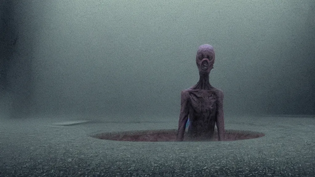 Image similar to a nightmarish figure crawls out of a storm drain, film still from the movie directed by Denis Villeneuve with art direction by Zdzisław Beksiński, wide lens