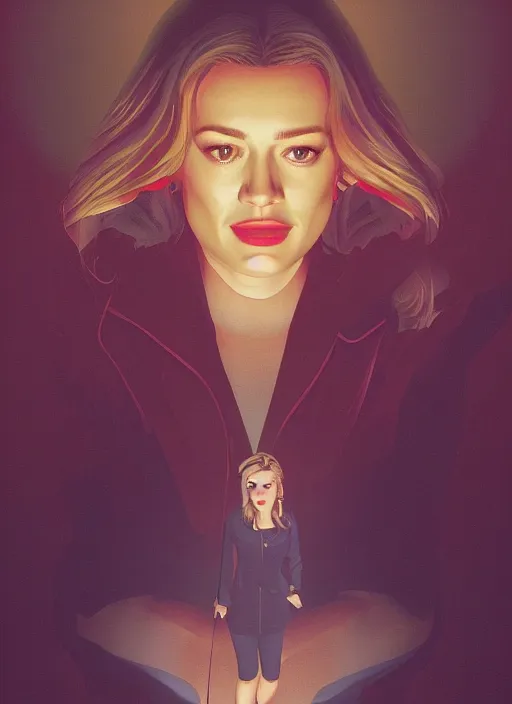 Prompt: Twin Peaks poster artwork by Michael Whelan and Tomer Hanuka, Rendering of Hilary Duff in scene in Twin Peaks, full of details, by Makoto Shinkai and thomas kinkade, Matte painting, trending on artstation and unreal engine