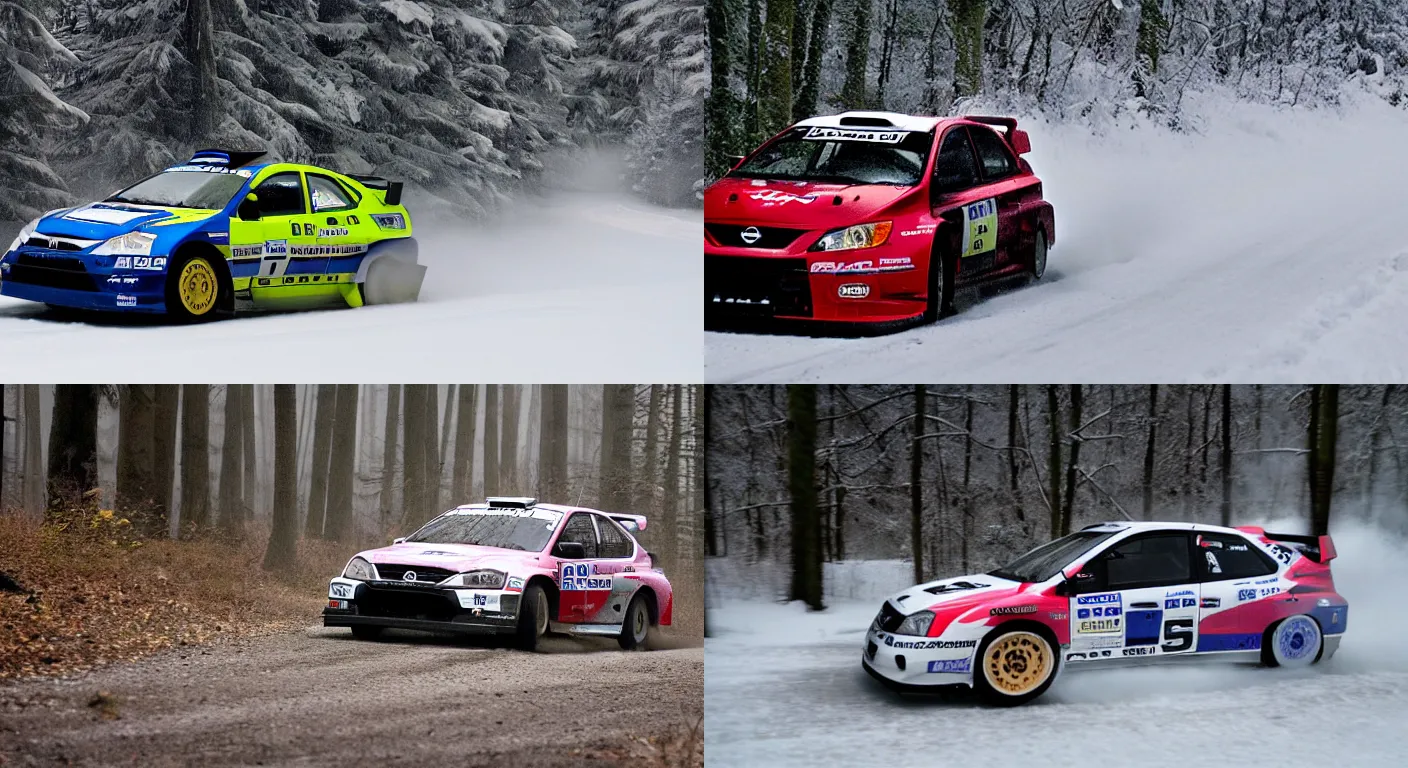 Prompt: a 2 0 0 7 nissan sentra se - r spec v, racing through a rally stage in a snowy forest