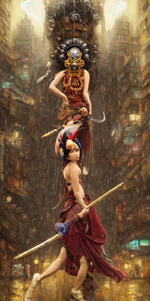 Image similar to hyper realistic Princess Mononoke attacking evil spirit with a golden sword, ornate mask, wet market street, rainy atmosphere, cyberpunk metropolis, city landscape, jewels, full body pose, full moon, style of tom bagshaw, mucha, james gurney, norman rockwell, denoised, sharp