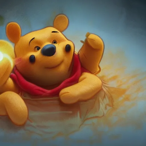 Prompt: winnie the pooh eating lasagne, extreme close up cute dystopian award winning photography, extremely detailed, artstation, 8 k, sensual lighting, incredible art, wlop, artgerm