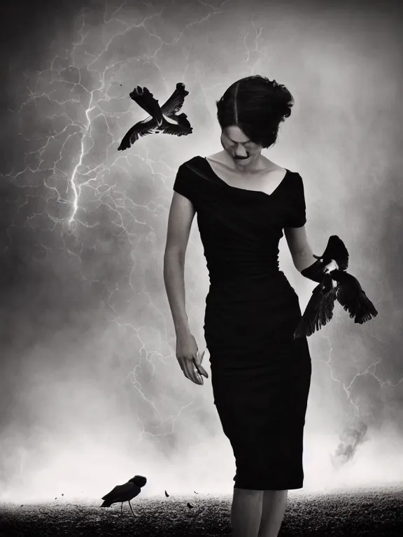 Image similar to portrait of iconic beautiful woman in sophisticated black dress keeping in hands white birds that flying apart turning to smoke and fire and dust. 35mm double-exposure photo, thick fog, daylight, deep shadows, depth of field, cinematic lightning, wide angel, eerie atmosphere, motion blur, HD, smooth and very detailed quality, masterpiece, volumetric lightning, chromatic aberration, Richard Avedon, style of Ade Santora, Tatiana Gorilovsky, cinematic composition, occult, german expressionism, masterpiece, intricate detailed, deep rich palette, wide angel shot