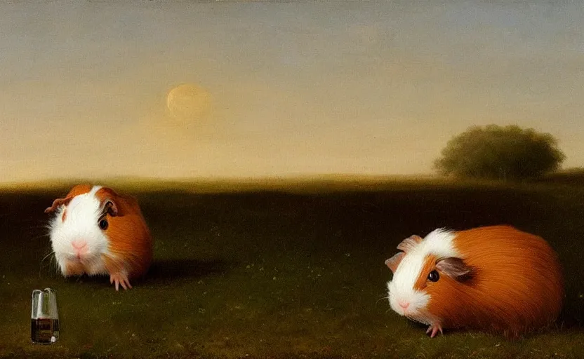 Prompt: oil painting by george stubbs of a guinea pig with a pint glass of dark beer in a meadow at dawn.