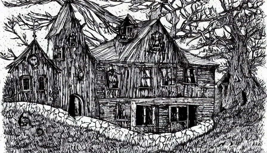 Prompt: a witch house on top of a lonely hill, illustration, pen on paper, by edward gorey