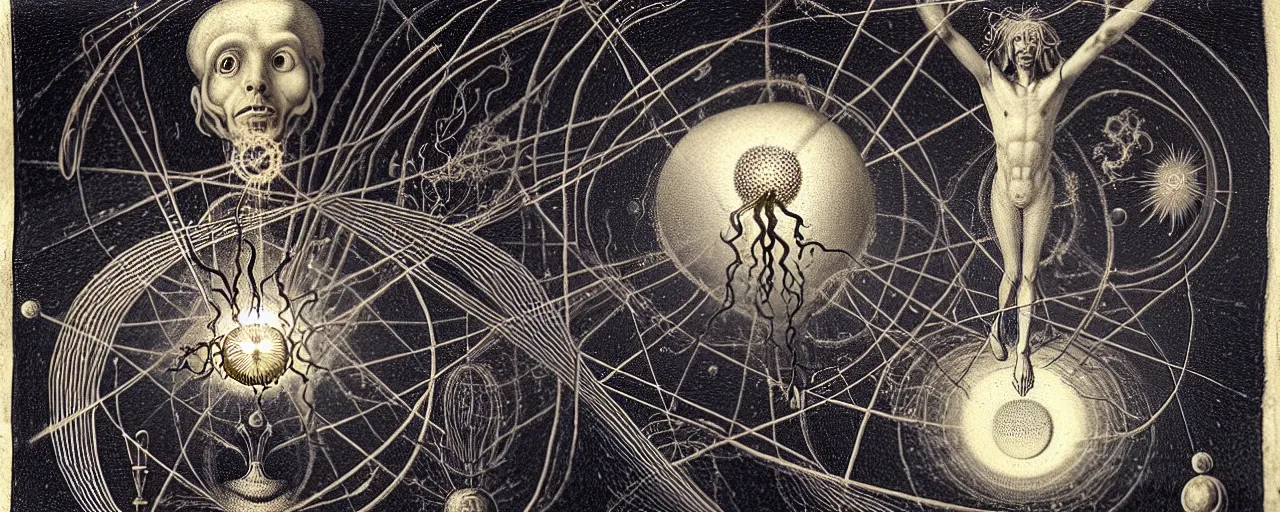 Image similar to a strange alchemical homunculus sings a unique canto about'as above so below'to the cosmos, while being ignited by the spirit of haeckel and robert fludd, breakthrough is iminent, glory be to the magic within, in honor of saturn, painted by ronny khalil