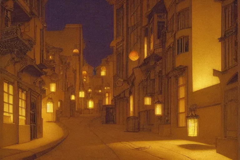 Prompt: winding street at midnight in a very old very beautiful city by George Price Boyce and Maxfield Parrish, glowing paper lanterns, strong dramatic cinematic lighting , ornate tiled architecture, lost civilizations, smooth, sharp focus, extremely detailed