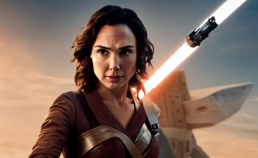 Image similar to a still of beautiful gal gadot as han solo in star wars, 8 k