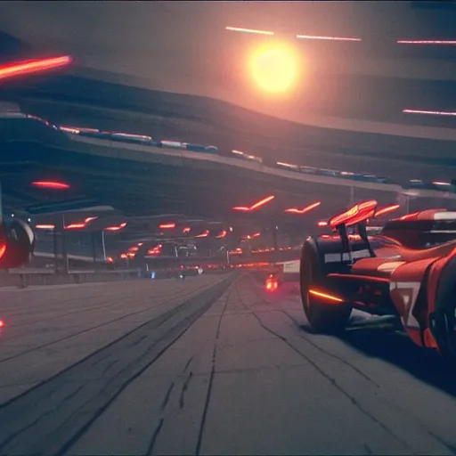 Prompt: Still of F-Zero race track with dozens of racing machines, in the movie Blade Runner, cinematic lighting, 4k