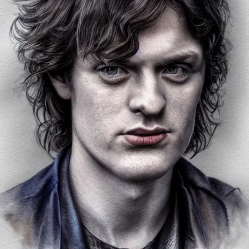 Image similar to angus young character portrait, lean face, cinematic lighting, glowing grey eyes, hyper-detailed, 4k, high resolution, in the style of Charlie Bowater, Tom Bagshaw, single face, symmetrical, headshot photograph, insanely detailed and intricate, beautiful, elegant, watercolor, cinematic, portrait, Raphaelite, headroom, Pierre-Auguste Renoir