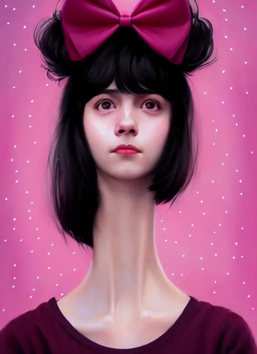 Image similar to portrait of teenage girl, realistic, black hair, bangs, half updo hairstyle, pointy nose, skinny, smile, ugly, defined jawline, big chin, pink hair bow, earrings, intricate, elegant, glowing lights, highly detailed, digital painting, artstation, sharp focus, illustration, art by wlop, mars ravelo and greg rutkowski