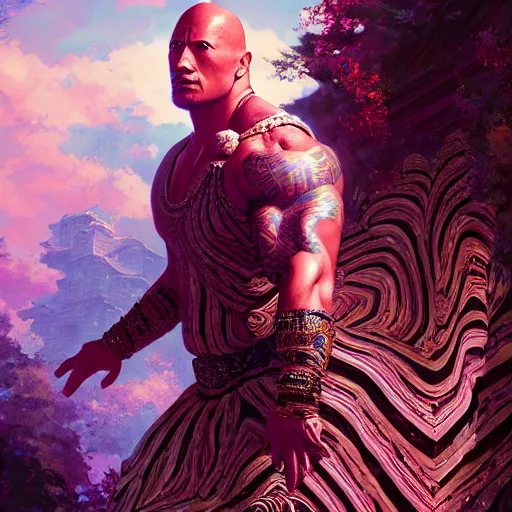 Prompt: feminine dwayne johnson in intricate clothing by ross tran, walking in a castle painted by sana takeda, rtx reflections, very high intricate details, digital anime art, medium shot, mid - shot, composition by ilya kuvshinov, lighting by greg rutkowski