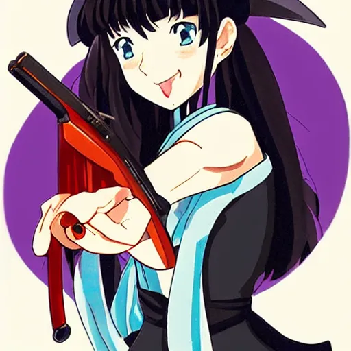 Image similar to Kagome Higurashi as a cowgirl with a beautifully stylized revolver, Royal Armouries, Inuyasha, art by Rumiko Takahashi