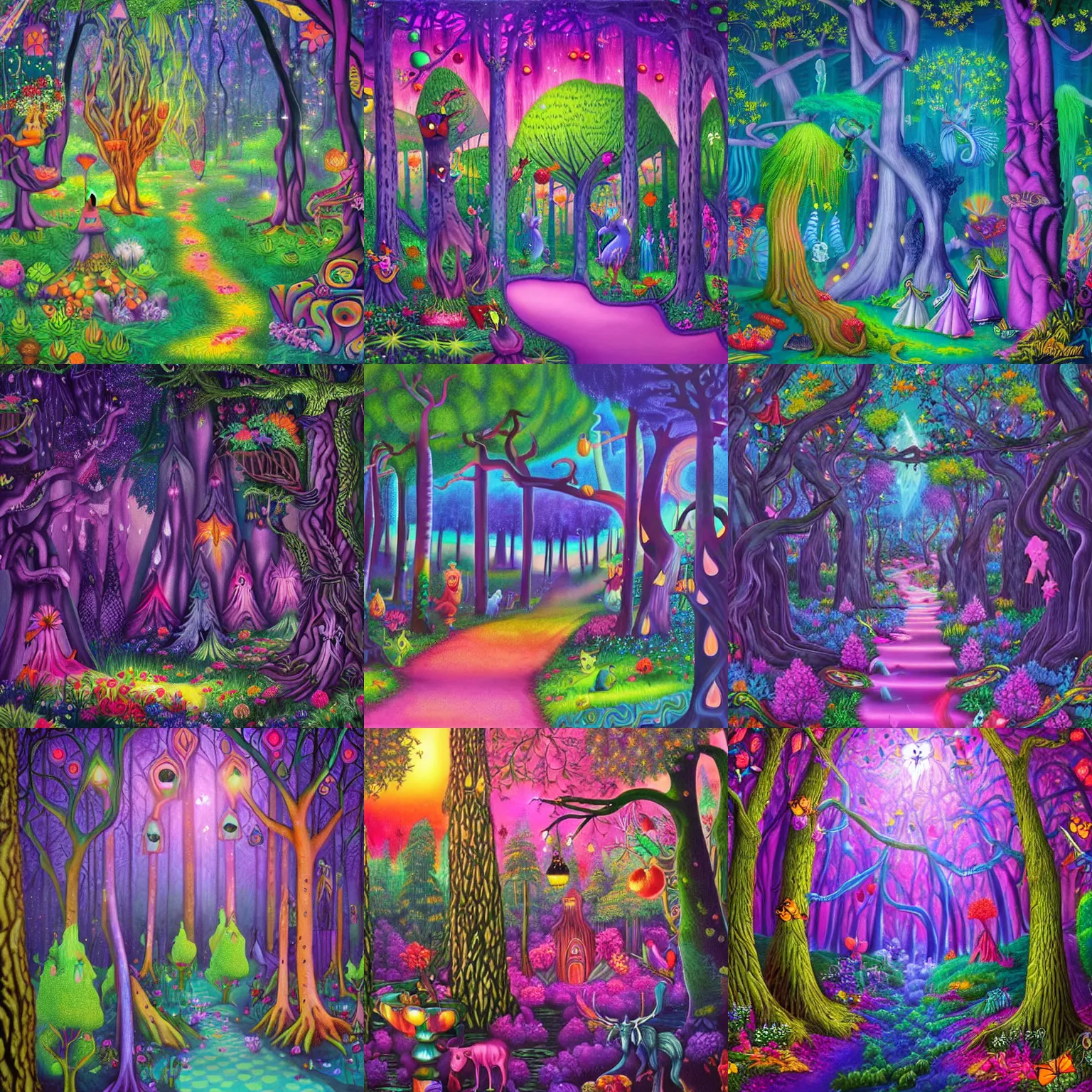Prompt: a dark fantasy painting of an enchanted forest by Lisa Frank, highly detailed
