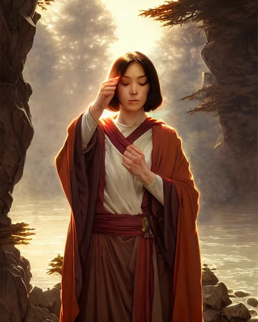 Prompt: a robed apprentice air bender, woodland river scene, fantasy character portrait, ultra realistic, intricate, elegant, highly detailed, digital painting, artstaion, smooth, sharp, focus, illustration, art by artgerm and greg rutkowski and alphonse mucha