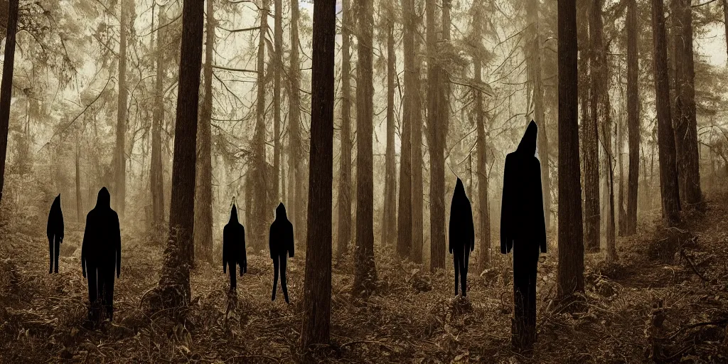 Image similar to a photograph of several tall dark evil figures in the deep California woods in the style of Alex Stoddard