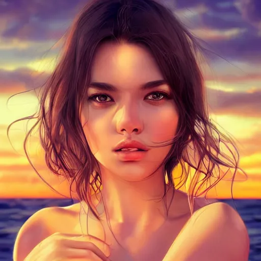 Prompt: symmetry!!!!!!! portrait of beautiful woman on the beach, big brown eyes, sunset, highly detailed, elegant lighting, sharp focus, bokeh, trending on art station, digital painting by wlop, rossdraws, artgerm, greg rutowski.